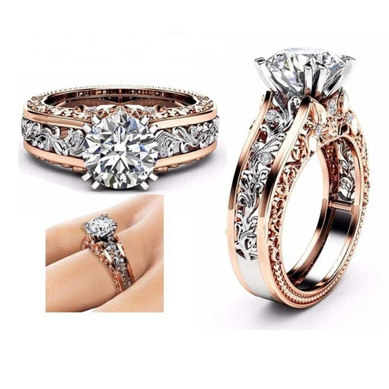1Pcs Luxury Women Ring Metal Hollow Carving Pattern Rose Gold Color Zircon Stones Couple Ring Bridal Engagement Wedding Jewelry